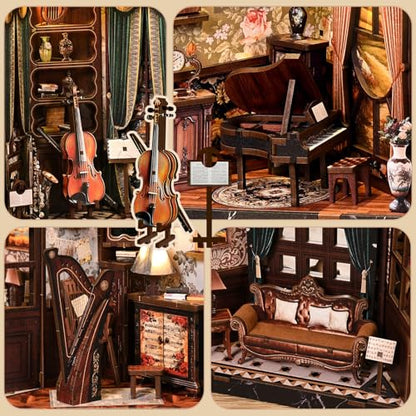 DIY Book Nook Kit with LED Light, Miniature Dollhouse, 3D Wooden Puzzle, Bookshelf Insert Decor Craft Gift (European Melody MusicalInstrument Box) - style: European Melody MusicalInstrument Box