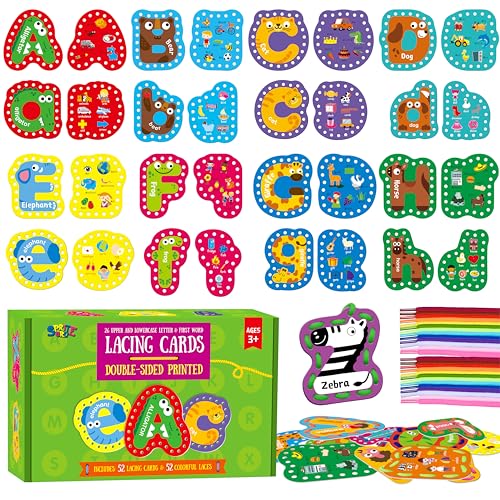52 PCS Lacing Cards, 26 Double-Sided Uppercase & Lowercase Sewing Cards with 52 Colorful Laces, Imagination Development Lacing Toy Games Educational and Learning Activity for Preschoolers, Children - color: 52 Uppercase & Lowercase Letters