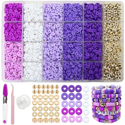 MIIIM Purple Clay Beads Kit for Bracelets Making, Heishi Beads, Clay Charms and Gold Spacer Beads for Jewelry Making, Friendship Bracelet Beads Kit for Crafts, Concert, Raves, Gifts - color: Purple