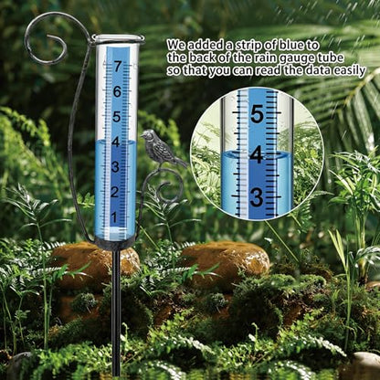 Rain Gauge Outdoor, Upgraded Unique Decorative Bird Ornament Tall Rain Measure Gauge Stake, Adjustable Height Frost-Proof Tube with Large Bold Scale for Yard Lawn Patio