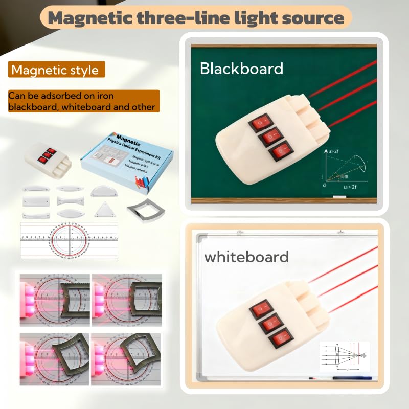 Magnetic Physics Optical Experiment Kit with Adjustable Triple Laser Source, Prisms, Reflectors, Educational Lab Equipment for Light Refraction and Reflection Experiments,Teaching Supplies