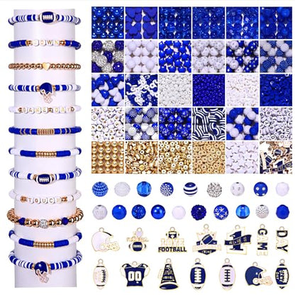2200PCS+ Game Day Beads Charms for Bracelet Making Polymer Clay Beads Crystal Pearl Letter Gold Spacer Beads Football Charms for Game Day Bracelet Necklace Making DIY Crafts - color: Blue White