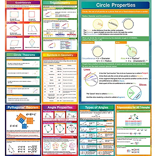 9 Pieces Math Geometry Posters Educational Angles Triangles Trigonometry Circle Math Classroom Decor for Middle School and High School Classroom Decorations or Homeschool Supplies,16 x 11 Inch