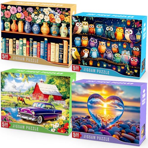 4-Pack 500 Piece Puzzles for Adults Jigsaw Puzzle 500 Pieces - Flowers Vintage Books, Owl Family, Farm Vintage Car, Love - Challenging Game Home Decor Birthday Party Gift Toy for Adults Seniors - color: Flowers Books Owl Farm & Love