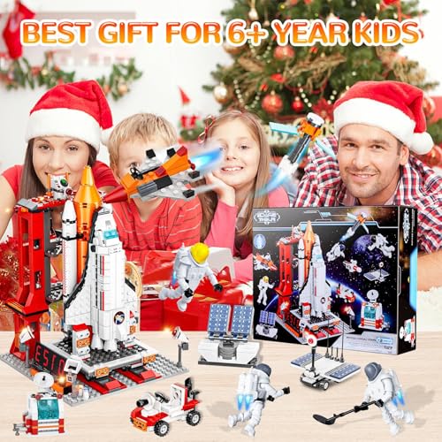 Space Exploration Shuttle Toys, 12-in-1 STEM Aerospace Building Kit Toy, Rocket Building Kit Toy with Launcher, Astronauts, Airplane Rocket, Gift for 6 7 8 9 10 11 12+ Years Old, 855 Pcs