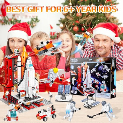 Space Exploration Shuttle Toys, 12-in-1 STEM Aerospace Building Kit Toy, Rocket Building Kit Toy with Launcher, Astronauts, Airplane Rocket, Gift for 6 7 8 9 10 11 12+ Years Old, 855 Pcs