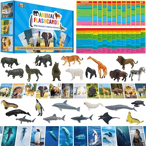24PCS Animal Figurines with 24 Introducing Flashcards, Wild & Marine Animal Figures Safari and Underwater Creature Learning Montessori Toys Science Educational Matching Game for Homeschool, Kids - style: Wildlife+Marine Animal Set (including cards)