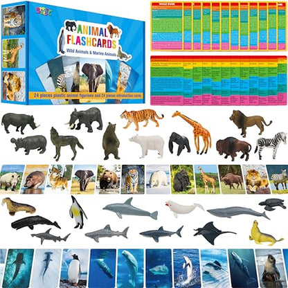 24PCS Animal Figurines with 24 Introducing Flashcards, Wild & Marine Animal Figures Safari and Underwater Creature Learning Montessori Toys Science Educational Matching Game for Homeschool, Kids - style: Wildlife+Marine Animal Set (including cards)