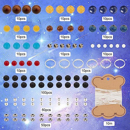 SUNNYCLUE 1 Box 300+Pcs DIY 10 Sets Solar System Bracelets Kit Universe Galaxy The Nine Guardian Planets Bracelet Necklace Tiger Eye Bead Natural Gemstone Beads for Jewelry Making Kits Craft - color: Silver Color Rings Solar System Bracelets Kit Plastic B