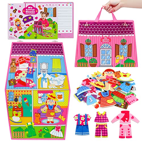 OKOOKO Dress Up House Felt Board 35PCS Double-Sided Foldable Dress Up Teaching Girls Toy Preschool Crafts Storytelling Early Learning Interactive Play Kit for Toddlers Kids - color: Pink