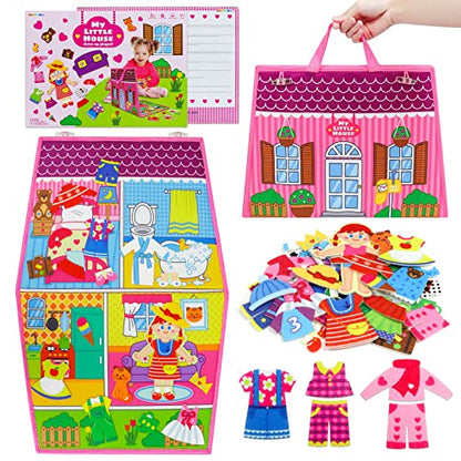 OKOOKO Dress Up House Felt Board 35PCS Double-Sided Foldable Dress Up Teaching Girls Toy Preschool Crafts Storytelling Early Learning Interactive Play Kit for Toddlers Kids - color: Pink
