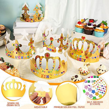 Gold Paper Crowns, Diy Birthday King Crowns Craft to Decorate, Paper Prince Princess Crown Hats for School Classroom - style: 46(30 Crowns+16 Sticker Gems)