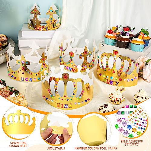 Gold Paper Crowns, Diy Birthday King Crowns Craft to Decorate, Paper Prince Princess Crown Hats for School Classroom - style: 54 (35 Crowns+19 Sticker Gems)