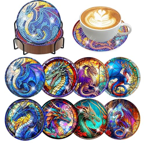 Diamond Art Coasters Kit, 8 Pieces Dragon Diamond Painting Coasters Kit - color: Dragon