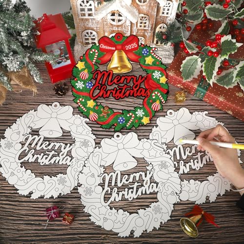 Sereliy 24 Pcs Christmas Coloring Wreath Crafts, Color Your Own Christmas Crafts, DIY Paper Xmas Wreath for Classroom Activities, Games. (Bell) - color: Bell