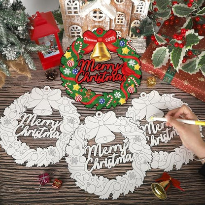 Sereliy 24 Pcs Christmas Coloring Wreath Crafts, Color Your Own Christmas Crafts, DIY Paper Xmas Wreath for Classroom Activities, Games. (Bell) - color: Bell