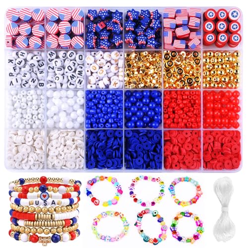 2480pcs President's Independence Day Polymer Clay Beads Charms Friendship Bracelet Necklace Earring Jewelry Making kit, Accessories for Arts Crafts DIY Birthday Gifts for Girls Children American Flag - color: C8#President's Independence Day