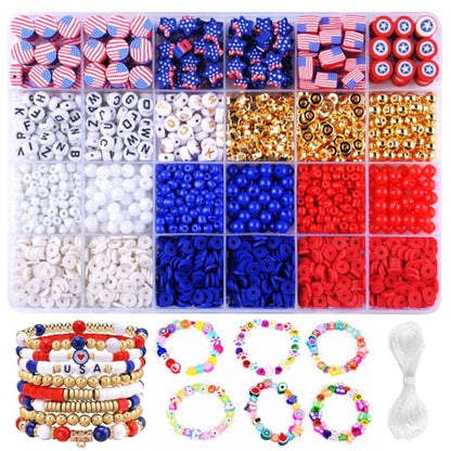 2480pcs President's Independence Day Polymer Clay Beads Charms Friendship Bracelet Necklace Earring Jewelry Making kit, Accessories for Arts Crafts DIY Birthday Gifts for Girls Children American Flag - color: C8#President's Independence Day