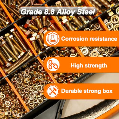 1480pcs Metric Nuts and Bolts Assortment Kit, M4 M5 M6 M8 Bolt Assortment, Grade 8.8 Alloy Steel with Yellow Zinc Plated, Length from 12-30mm - size: 1480PCS Metric (M4, M5, M6, M8)