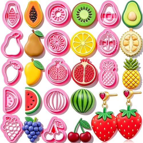 18 Pcs Summer Fruit Polymer Clay Cutters Set 3D Printe Grape Pear Watermelon Cherry Lemon Strawberry Fruits Clay Cutters for Earrings Jewelry Making Cookie Fondant Cake Decorating DIY Crafts Tools