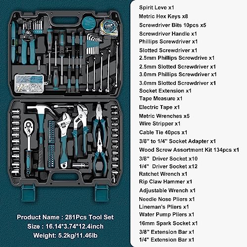 Sundpey 281 Pcs Home Tool Kit Portable Complete General Hand Tool Set Blue - color: Blue