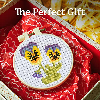 Kraftex Stamped Cross Stitch Kits for Beginners (Flower Theme - 6.75 Inch - 4 Pack 1 x Embroidery Hoop) Embroidery Needlepoint Patterns for Adults, Includes Poppy, Rose, Sunflower and Pansy - style: Flowers - Pansy, Roses, Poppy, Sunflower