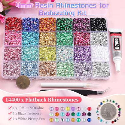 14400Pcs 4mm Resin Rhinestones Bedazzling Kit, Pink Red Black Flatback Gems - color: 4mm