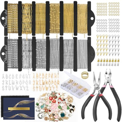 HUISUYTON 18K Gold 59FT 12Roll Necklace Chain Kit for Jewelry Making - color: 18k Gold Plated and Stainless Steel Silver-59Ft+Pendants