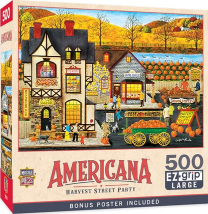 MasterPieces - 500 Piece Jigsaw Puzzle, Large EZ Grip Shapes, Harvest Street Party, Fun for Adults, Seniors, Family, Kids, 19.25" x 26.75" - style: Harvest Street Party