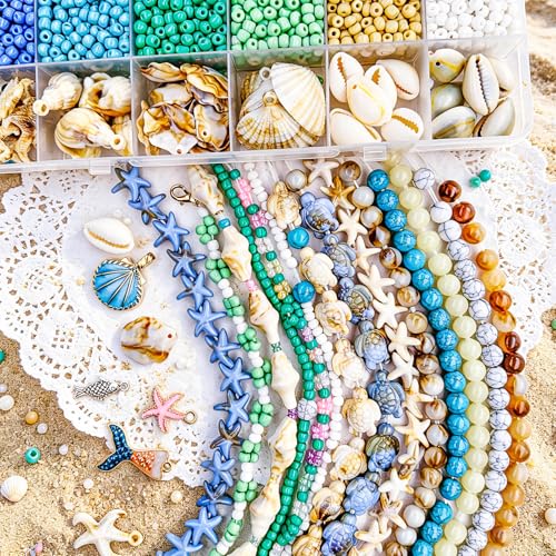 1570Pcs Ocean Beads for Bracelets Making Kit, Blue and White Summer Beach Bead for Jewelry Making, Sea Turtle Seashell Starfish Shape Beads 8mm Round Glass Seed Bead for DIY Craft Bracelets Earring