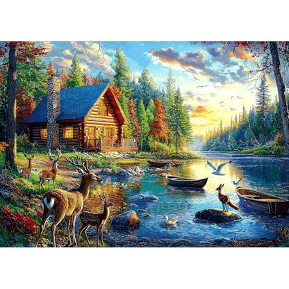 Blueforest 1000 Piece Jigsaw Puzzle for Adults Lake Lodge & Elk Landscape Hard Challenging Puzzle Perfect for Game Nights Family - color: Lake Lodge & Elk