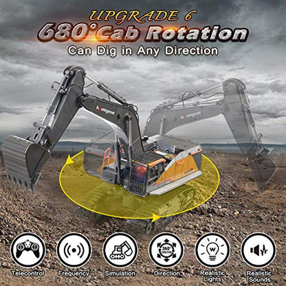 kolegend Remote Control Excavator Toy 1/14 Scale RC Excavator, 22 Channel Upgrade Full Functional Construction Vehicles Rechargeable RC Truck with Metal Shovel and Lights Sounds - style: Excavator