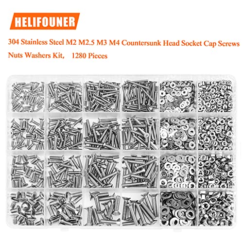 HELIFOUNER 1280 Pieces M2 M2.5 M3 M4 304 Stainless Steel Countersunk Head Socket Cap Metric Screws Bolts Washers Nuts Hardware Assortment Kit with Hex Wrenches - size: ['M2/M2.5/M3/M4']