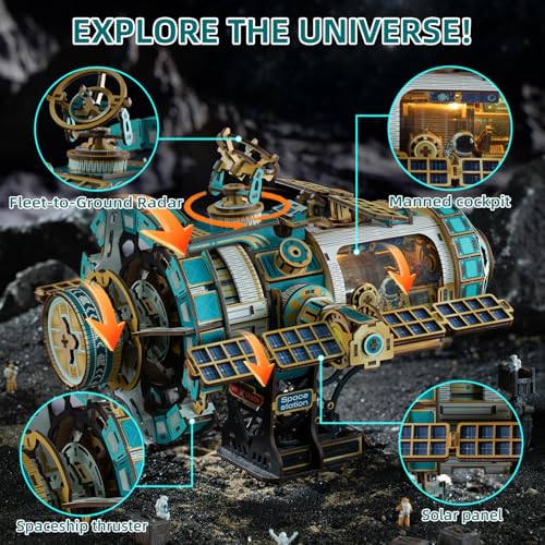 3D Wooden Puzzles International Space Station Model - Collectible Display Model with Interlocking Design, Motorized Solar Panels, Radar & Thrusters, LED Light Effects(Celestigon Station) - style: International Space Station
