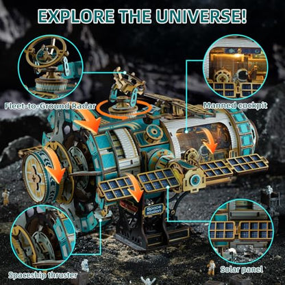 3D Wooden Puzzles International Space Station Model - Collectible Display Model with Interlocking Design, Motorized Solar Panels, Radar & Thrusters, LED Light Effects(Celestigon Station) - style: International Space Station