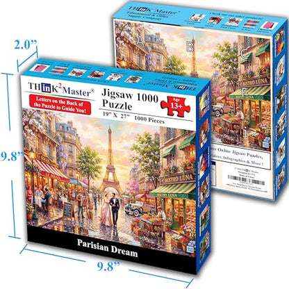 Think2Master Parisian Dream 1000 Pieces Large Format Jigsaw Puzzle: 13+, Teens, Adults & Families. Romantic European Getaway. French Cafe with Eiffel Tower at Sunset. Great Gift. Size: 26.8” X 18.9” - style: Parisian Dream