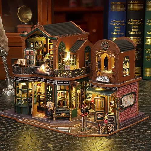 DIY Book Nook Kit - DIY Miniature Dolls House Kit with Furniture and LED Light, 3D Puzzle Wooden Art Bookends, Model Kits for Adults to Build (Twilight Bookstore) - style: Twilight Bookstore