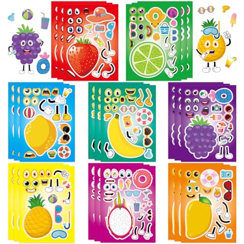 24 Sheets Fruit Make a Face Sticker, Make Your Own Fruit Stickers Mix and Match Sticker for Home School Classroom Crafts Activities Reward Birthday Party Favors - style: Fruit