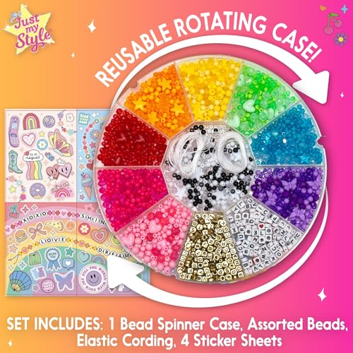 Just My Style Rainbow Bead Spinner, DIY Bracelet Making Kit with Swiveling Bead Case, Includes Over 1,000 Beads for Bracelet Making, Elastic, and More - color: Bead Spinner