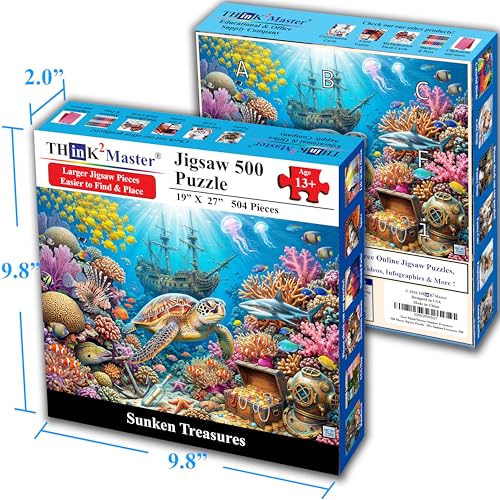 Think2Master Sunken Treasures 500 Pieces Large Format Jigsaw Puzzle: 13+, Teens, Adults & Families. Giant Sea Turtles, Sharks, Lion Fish, Pirate Ship & Tropical Fish Great Gift. Size: 26.8” X 18.9” - style: Sunken Treasures
