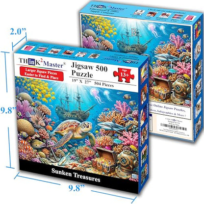 Think2Master Sunken Treasures 500 Pieces Large Format Jigsaw Puzzle: 13+, Teens, Adults & Families. Giant Sea Turtles, Sharks, Lion Fish, Pirate Ship & Tropical Fish Great Gift. Size: 26.8” X 18.9” - style: Sunken Treasures