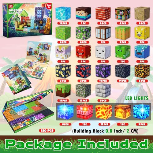 Magnetic Blocks - 150 PCS Dinosaur Volcano Forest Castle Set with Light Up Blocks - Kids Classroom Sensory Toy for Toddlers STEM, Construction Stacking Toy Kids 3+ Boys Easter Basket Stuffers - color: 150pcs Led Glowing Volcano