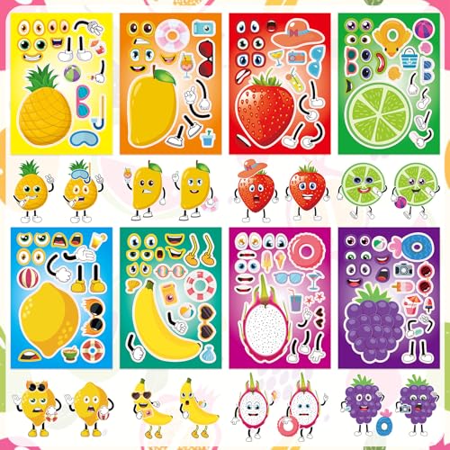 24 Sheets Fruit Make a Face Sticker, Make Your Own Fruit Stickers Mix and Match Sticker for Home School Classroom Crafts Activities Reward Birthday Party Favors - style: Fruit