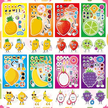 24 Sheets Fruit Make a Face Sticker, Make Your Own Fruit Stickers Mix and Match Sticker for Home School Classroom Crafts Activities Reward Birthday Party Favors - style: Fruit