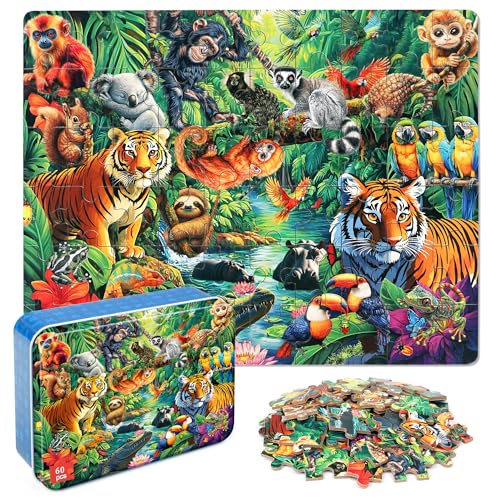 LELEMON Puzzles for Kids Ages 4-6, 60 Piece Puzzles for Kids in Metal Box - color: Jungle