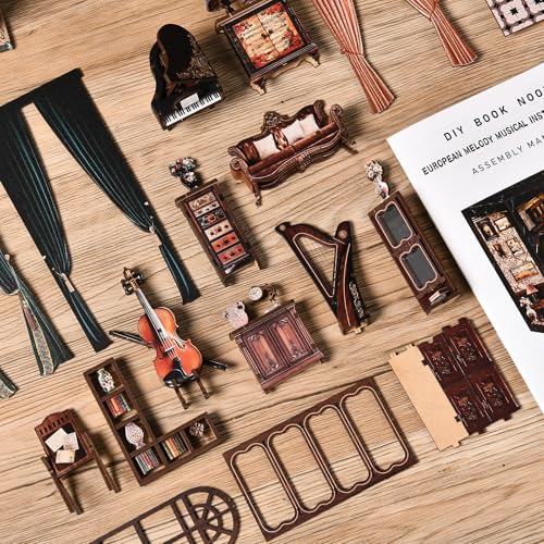 DIY Book Nook Kit with LED Light, Miniature Dollhouse, 3D Wooden Puzzle, Bookshelf Insert Decor Craft Gift (European Melody MusicalInstrument Box) - style: European Melody MusicalInstrument Box