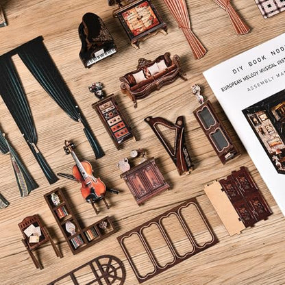 DIY Book Nook Kit with LED Light, Miniature Dollhouse, 3D Wooden Puzzle, Bookshelf Insert Decor Craft Gift (European Melody MusicalInstrument Box) - style: European Melody MusicalInstrument Box