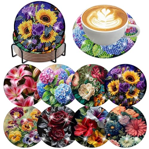 Xylogist 8 Pcs Flowers Diamond Art Coasters with Holder 4X4 inch - color: Flowers Coasters