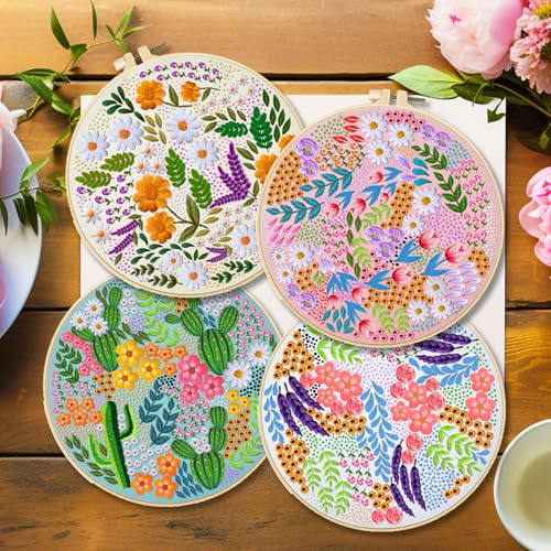 BEUNITONE 4 Set Covered Flower Embroidery Kit for Beginners 7.9"x7.9" - style: B-Grassland Plants