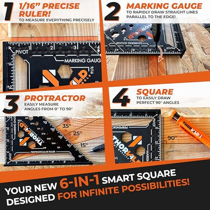 THORVALD 6-in-1 Carpenter Square 7 inch (1/16" Precision) - T Square Multi-Purpose Carpenter Tools : Wrench, Square, Protractor, Ruler, Marking Gauge, Drill Gauge - color: 1 Square